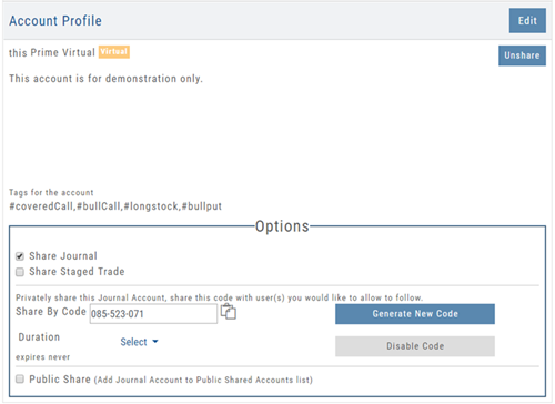 Account Profile options: Share Journal checked, Share Staged Trade, private Share By Code with Generate New Code and Disable Code buttons, code Duration, and Public Share