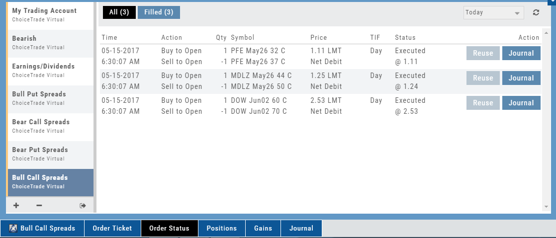 The Order Status tab with All and Filled filters: three filled two-leg option orders showing Time, Action, Qty, Symbol, Price, TIF, Status, and the Reuse and Journal buttons