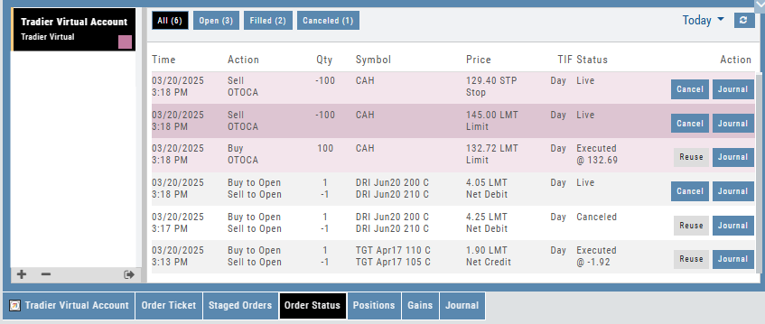 The Order Status tab: All/Open/Filled/Canceled filters, orders with time, action (Sell OTOCA, Buy OTOCA, Buy to Open/Sell to Open), quantity, symbol, price with type, TIF, status (Live, Executed, Canceled), and Cancel/Reuse/Journal buttons