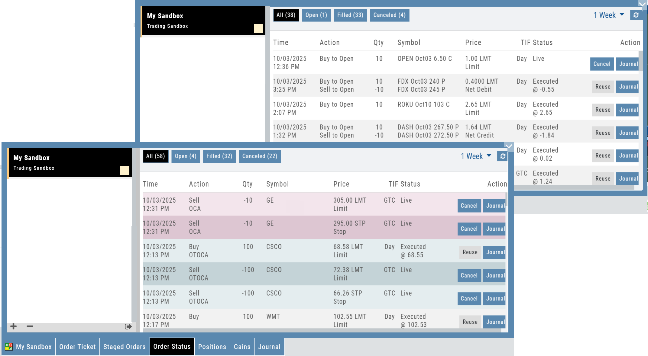 Sandbox Order Status tab showing open, filled, and canceled orders, including OCA and OTOCA conditional stock orders with Cancel, Reuse, and Journal actions