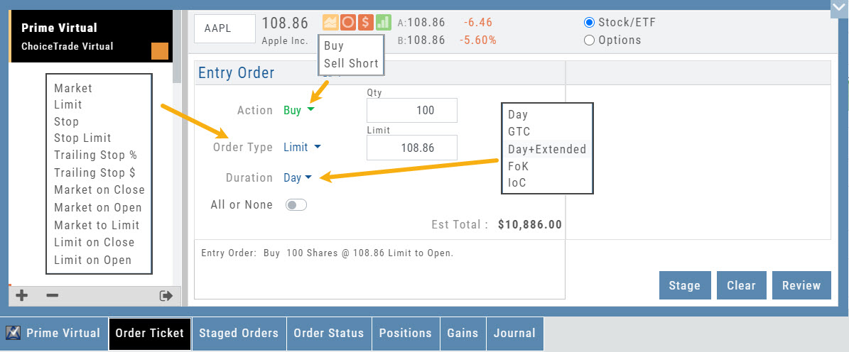The Order Ticket with its drop-downs expanded: Action (Buy, Sell Short), Order Type (Market, Limit, Stop, Stop Limit, Trailing Stop %, Trailing Stop $, Market on Close, Market on Open, Market to Limit, Limit on Close, Limit on Open), and Duration (Day, GTC, Day+Extended, FoK, IoC)