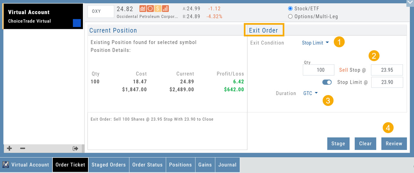 The Order Ticket for an existing position: Current Position details (Qty, Cost, Current, Profit/Loss) beside the Exit Order panel set to a Stop Limit exit — Qty, Sell Stop @, the Stop Limit @ toggle, Duration, and the order summary with Stage, Clear, and Review buttons