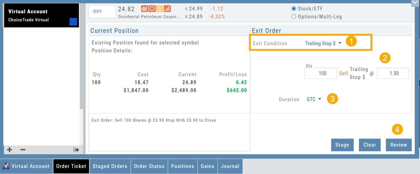 The Exit Order panel set to Trailing Stop $: Qty, the trailing amount, Duration, and the Stage, Clear, and Review buttons