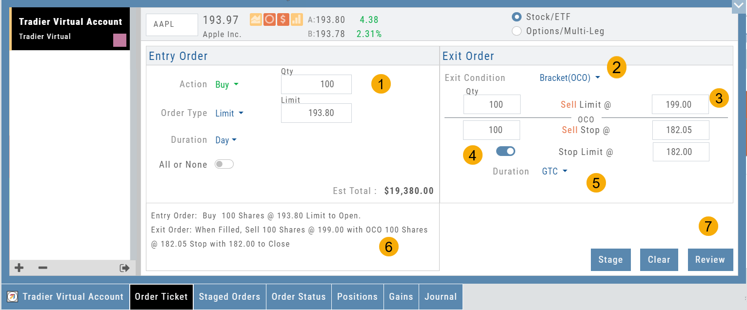 An Entry Order with a Bracket(OCO) exit: a Buy Limit entry with Sell Limit and OCO Sell Stop / Stop Limit exit legs on GTC, numbered steps, and the order summary reading out both legs