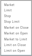 The expanded stock Order Type list: Market, Limit, Stop, Stop Limit, Market on Close, Market on Open, Market to Limit, Limit on Close, Limit on Open
