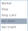 The options Order Type drop-down: Market, Stop, Stop Limit, Net Debit, Net Credit