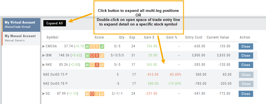 Positions tab with the NKE position expanded to show its option legs; the Expand All button sits above the position list