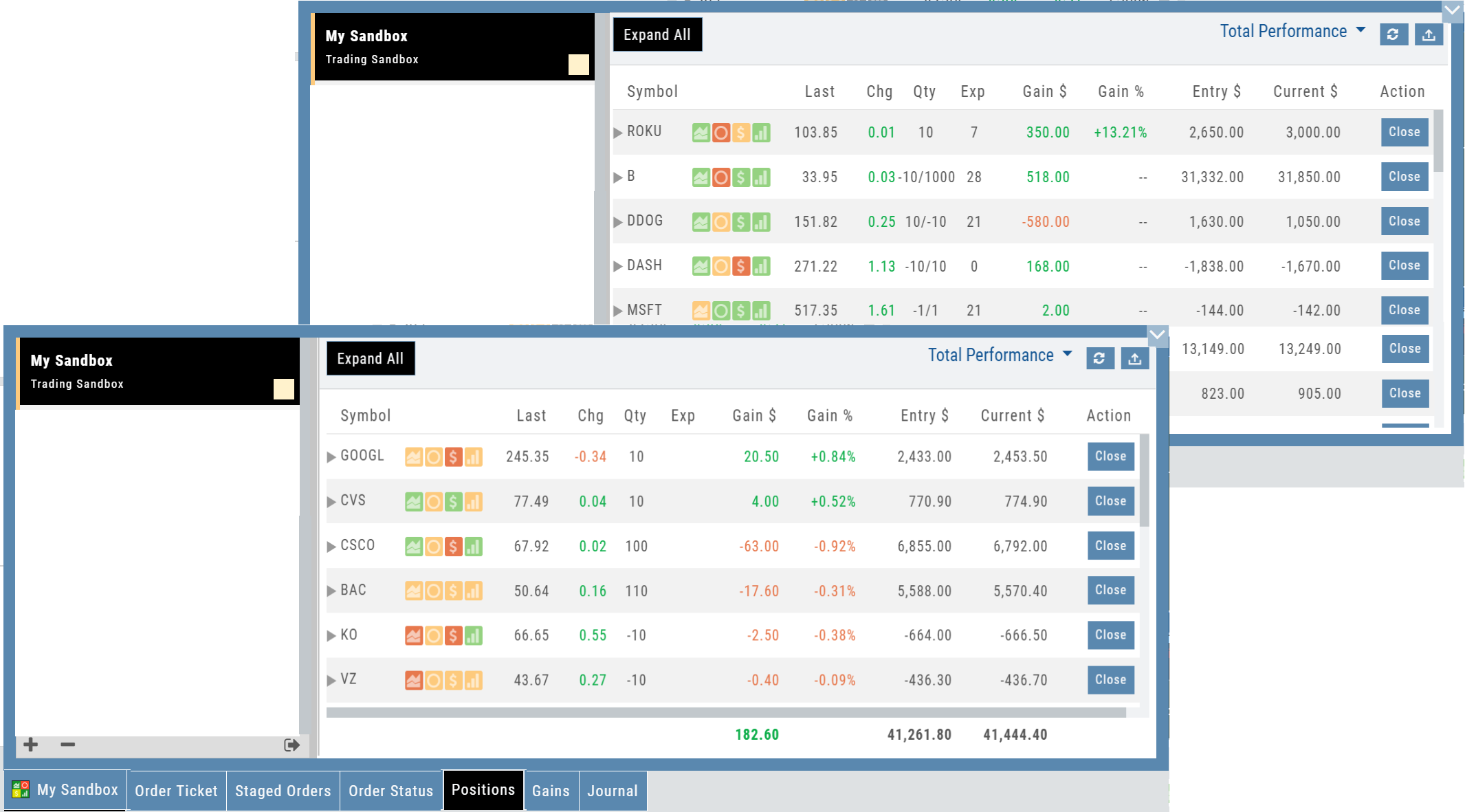 Sandbox Positions tab listing stock and option positions with Gain $, Gain %, Entry $, Current $, and Close buttons