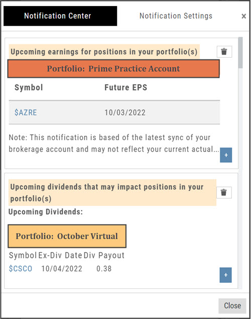 Notification Center listing upcoming earnings and dividends notifications per portfolio, each labeled with the account name