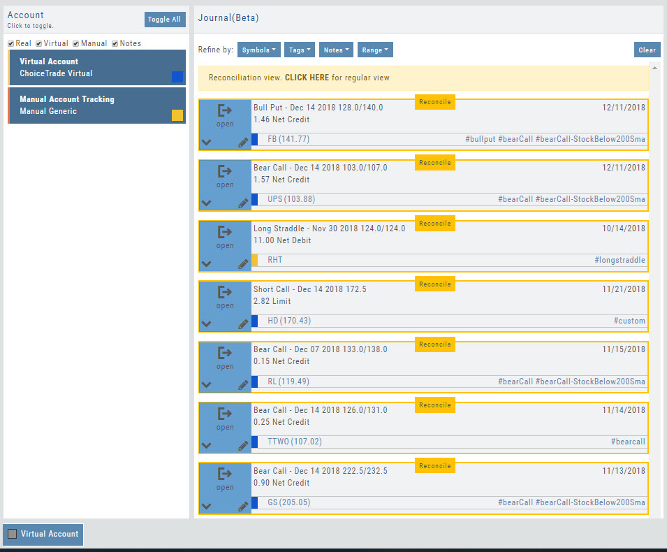 The Journal in Reconciliation view: the banner 'Reconciliation view. CLICK HERE for regular view', with open trades listed and a Reconcile button on each entry
