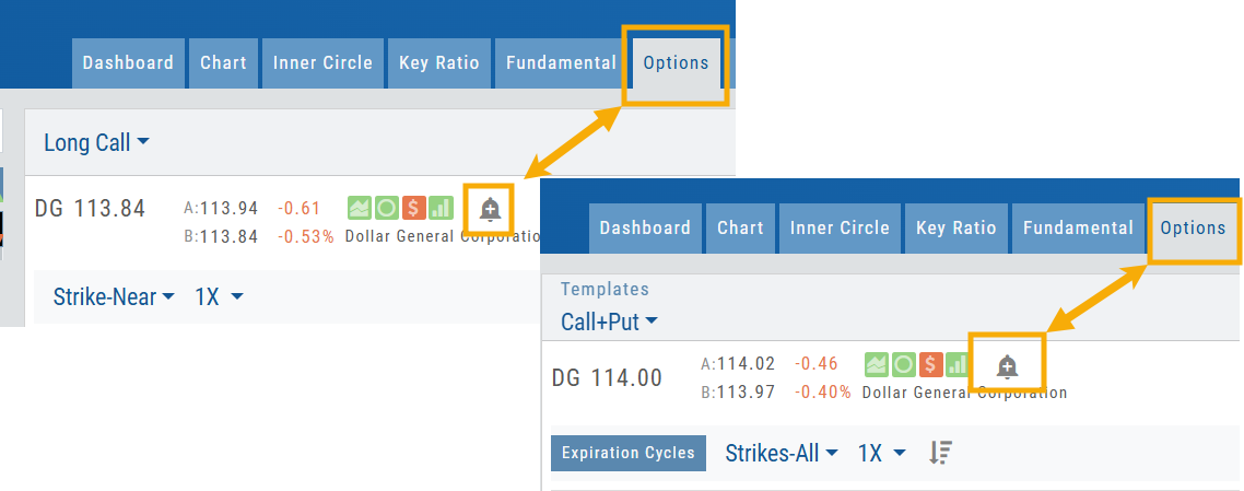 The Options tab before and after: the alert bell icon sits beside the quote on both the Long Call template and the Call+Put chain views