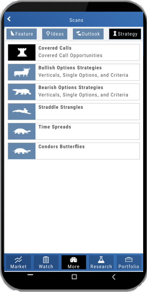 The mobile Scans page on the Strategy tab: Covered Calls, Bullish and Bearish Options Strategies, Straddle Strangles, Time Spreads, Condors Butterflies