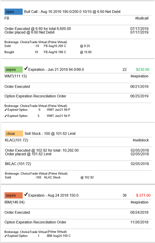 Exported report detail: an open FB bull call with its legs and fills, a reconciled WMT expiration, a closed KLAC stock sale, and an IBM expiration loss