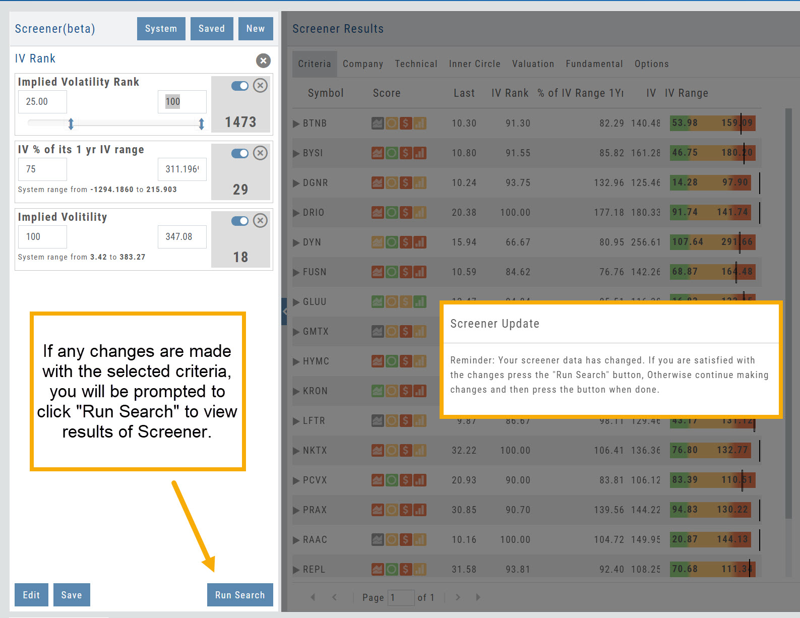 Editing a screener: criteria adjusted with slide bars and value boxes, and the Screener Update notice prompting Run Search after changes