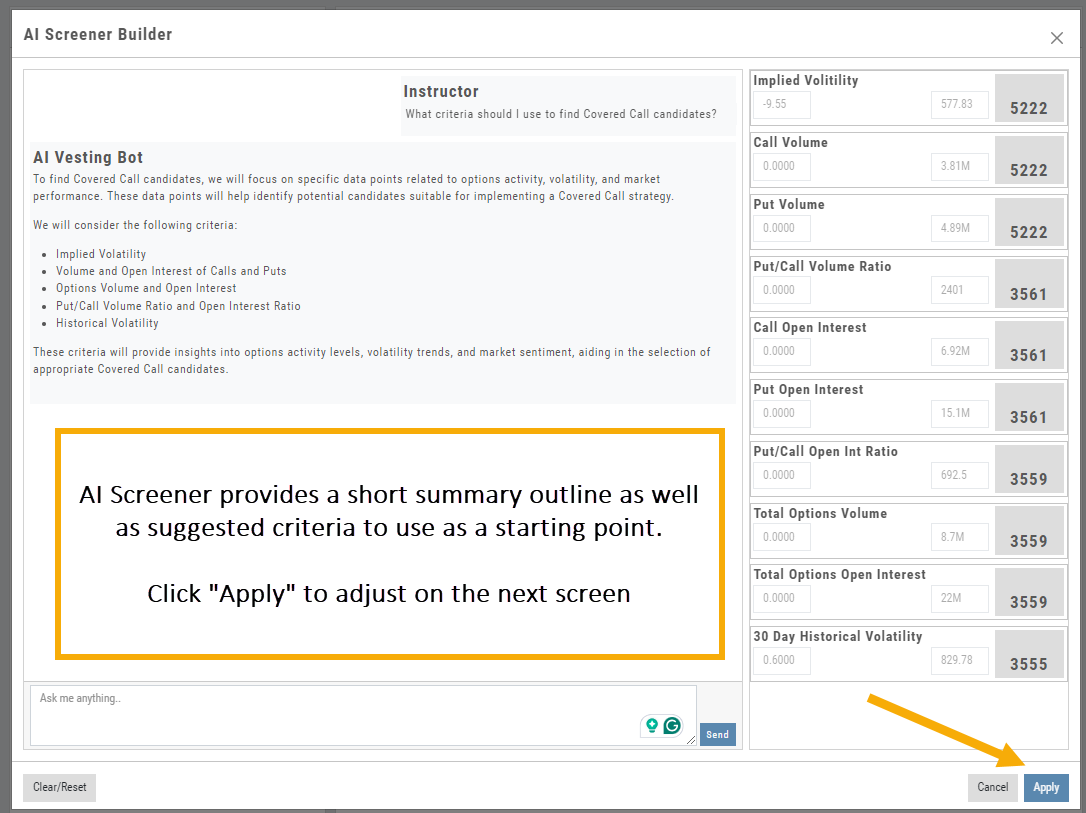 The AI Screener Builder response to a covered-call question: suggested criteria (implied volatility, call and put volume and open interest, put/call ratios, historical volatility) added as cards on the right with matching counts, and the note to click Apply to adjust them on the next screen