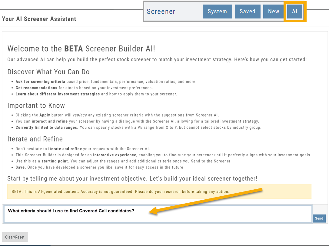 The Screener's AI button and the Screener Builder AI welcome screen (BETA): what it can do, what to know (Apply replaces existing criteria; currently limited to data ranges), iterate-and-refine tips, and the question box