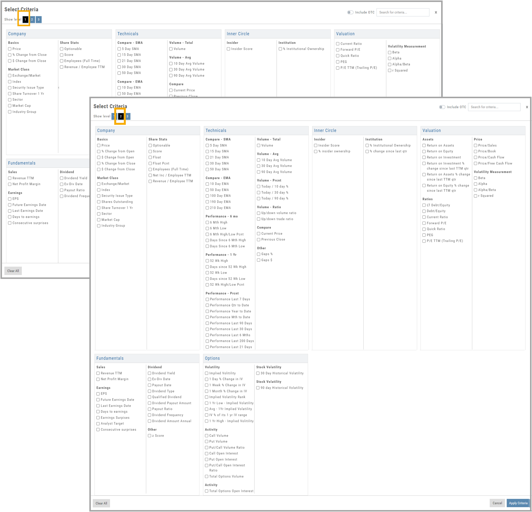 Select Criteria at level 1 and level 2: Company, Technicals, Inner Circle, Valuation, Fundamentals, and Options groups with checkboxes, the Show level 1/2/3 selector, Include OTC toggle, and criteria search box