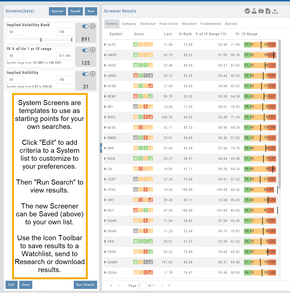 A System screen (IV Rank, IV % of 1yr range, Implied Volatility) with results and the note that System Screens are templates: click Edit to customize, Run Search to view, Save to your own list, and use the icon toolbar on results