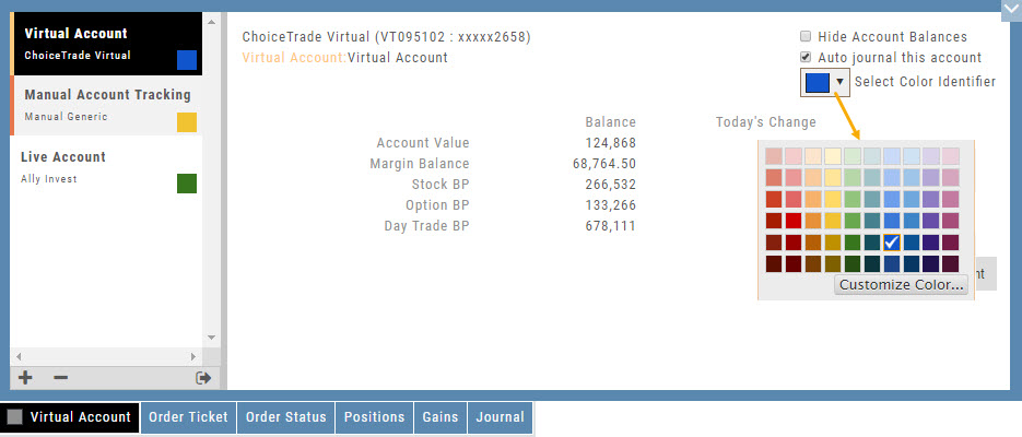 Virtual account summary with the Select Color Identifier palette open next to the Auto-journal checkbox; each account in the left panel shows its chosen color square