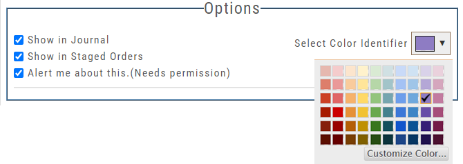 Options for a followed account: Show in Journal, Show in Staged Orders, and Alert me about this (needs permission) checkboxes, with the Select Color Identifier palette open