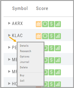 Stock list with the Action-icon menu open: Details, Research, Options, Journal, Delete, Buy, Sell