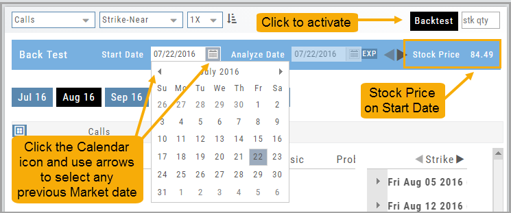 Backtest bar with the Start Date calendar open, annotated: click the calendar icon and use the arrows to select any previous market date; the stock price on the start date shows on the right