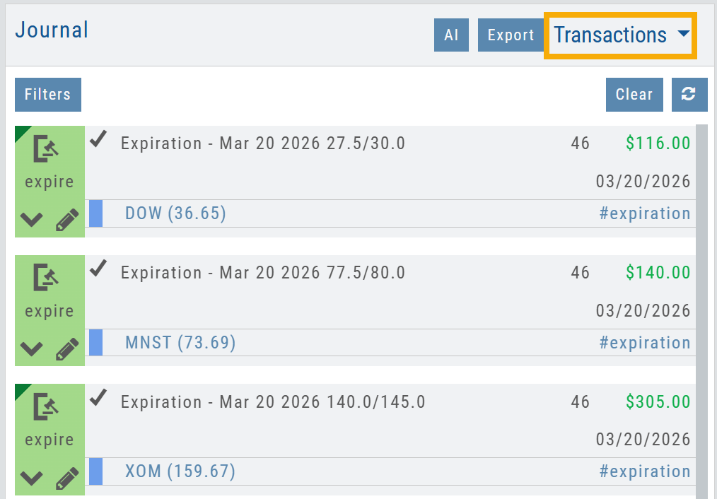 Journal Transactions view after auto-reconcile: expiration entries marked with checkmarks and profit amounts, each tagged #expiration