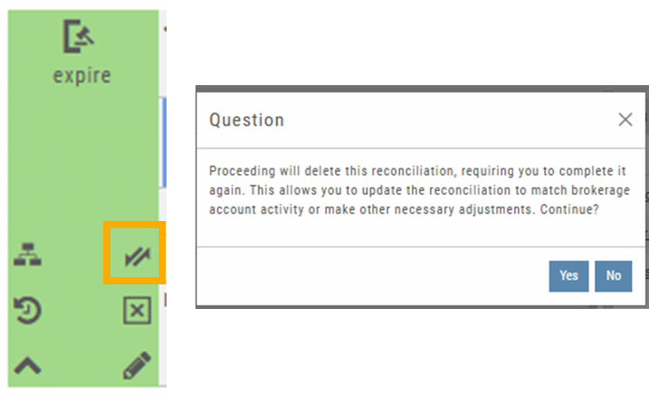 Journal tab with the edit (arrow) icon highlighted, and the confirmation dialog with Yes and No buttons