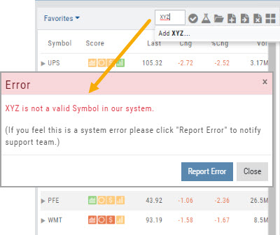 Entering XYZ in the symbol box: the Error dialog says 'XYZ is not a valid Symbol in our system' with a Report Error button