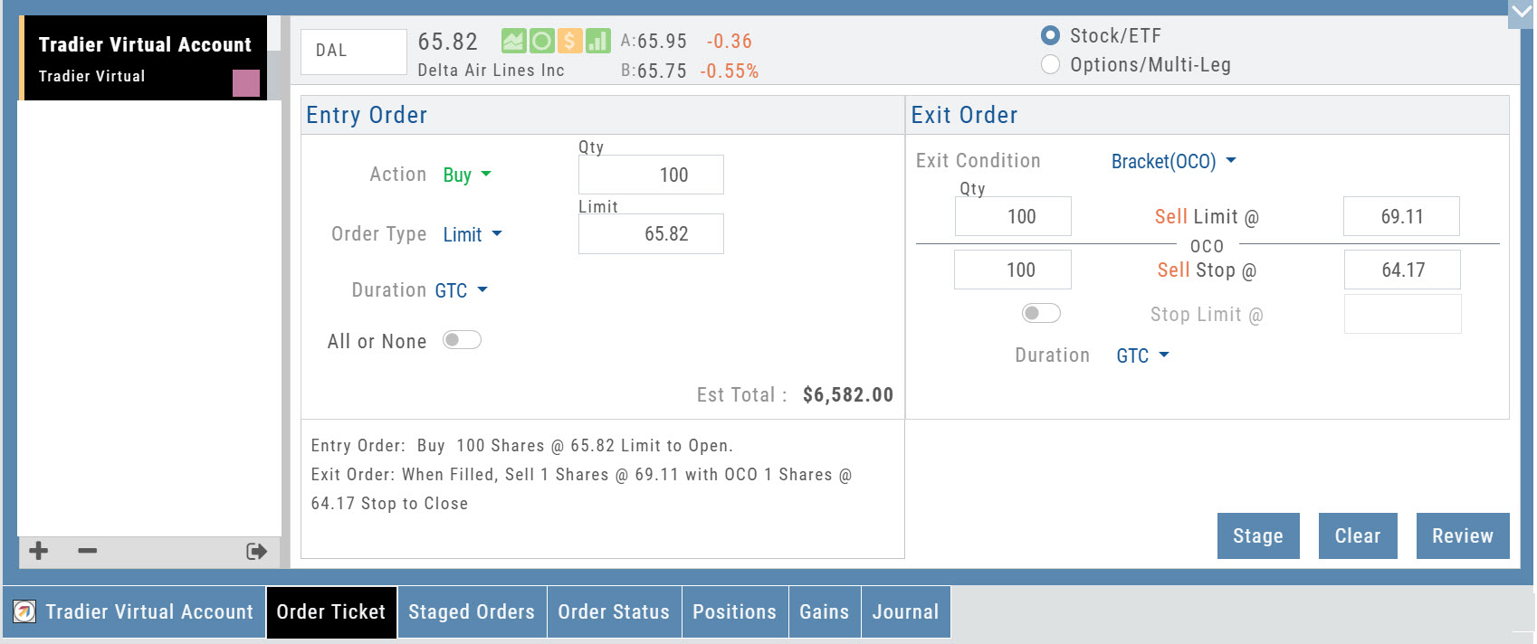 The Smart Trade Ticket for DAL stock: Entry Order (Buy 100 at Limit with GTC duration) and Exit Order with Bracket(OCO) — Sell Limit and Sell Stop quantities and prices — with the order summary text and Stage/Clear/Review buttons