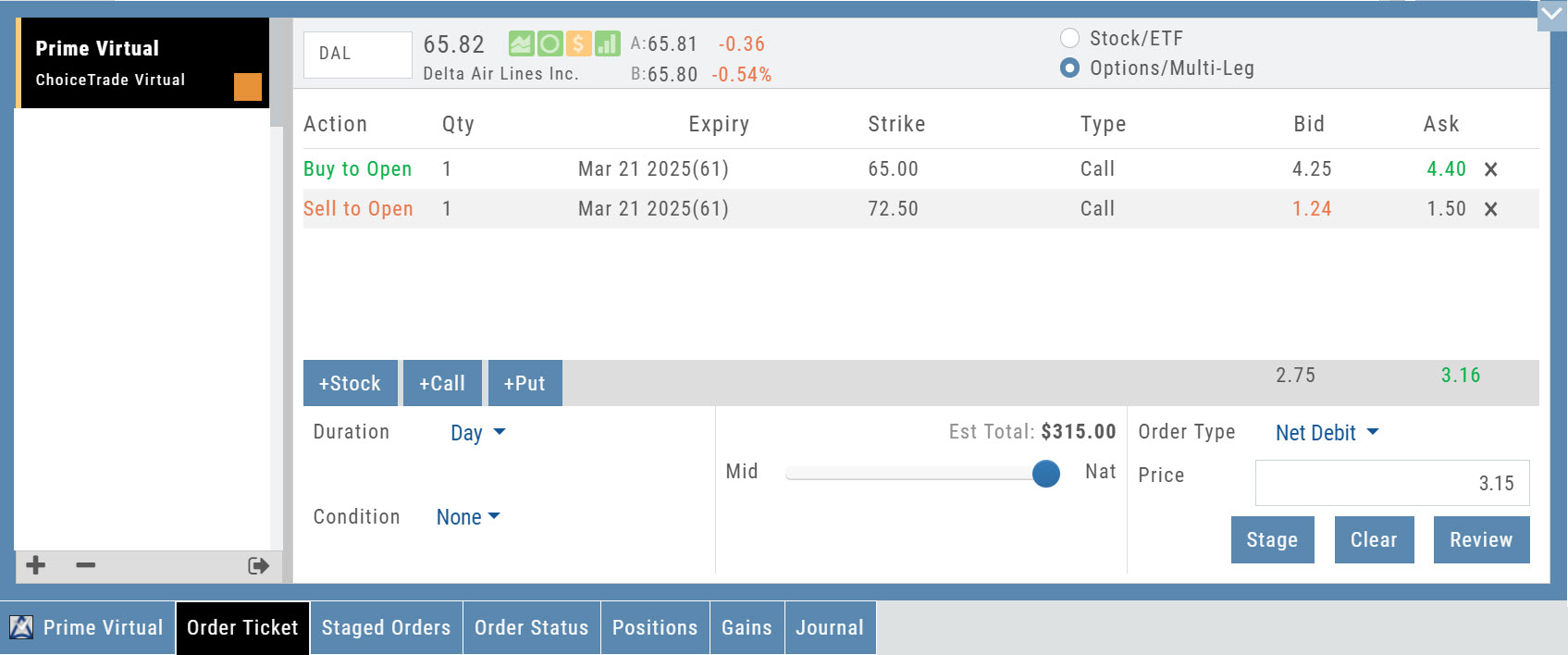 The options Order Ticket for DAL: Buy to Open and Sell to Open call legs with bid/ask, +Stock/+Call/+Put buttons, Duration and Condition dropdowns, the Mid-Nat price slider, Net Debit order type, Est Total, and Stage/Clear/Review buttons