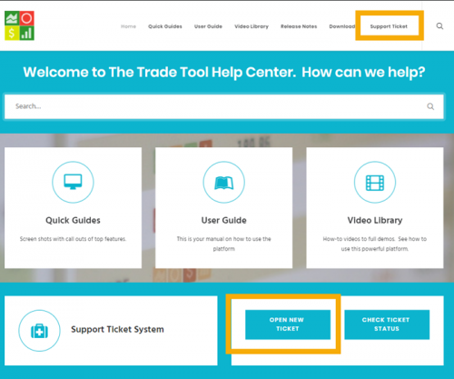 The Help Center home page with the Support Ticket menu item and the Open New Ticket button highlighted: search bar, Quick Guides / User Guide / Video Library cards, and the Support Ticket System band