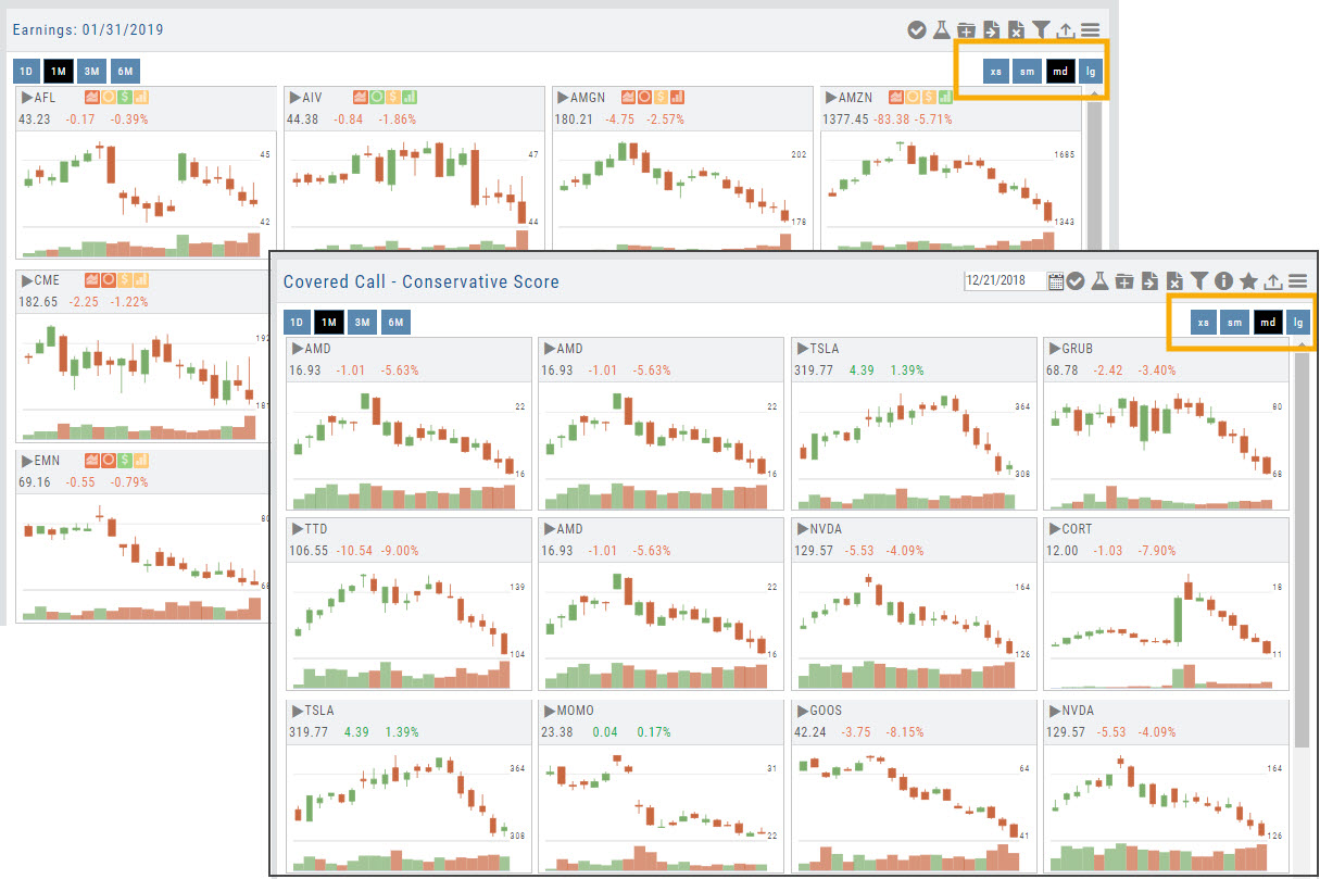 Four Tile View sizes on Find-tab lists: an Earnings calendar list and a Covered Call - Conservative Score scan, each with xs, sm, md, and lg size toggles highlighted