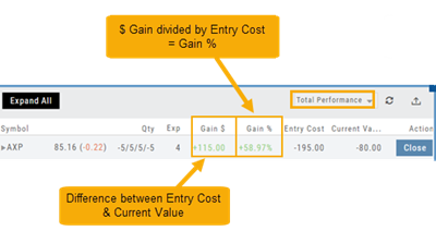 Total Performance view of an AXP position: Gain $ +115.00, Gain % +58.97%, Entry Cost -195.00, Current Value -80.00
