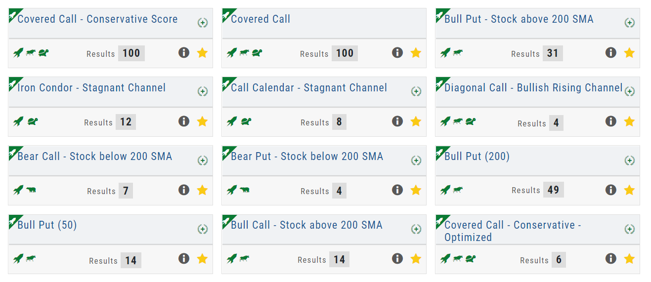 Trade Finder scan tiles (Covered Call - Conservative Score, Bull Put - Stock above 200 SMA, Iron Condor - Stagnant Channel, and more), each with a rocket icon in the upper left and its results count