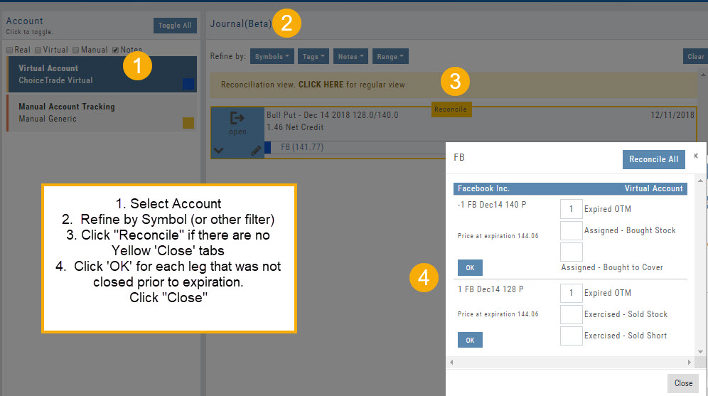 Reconciliation walkthrough: account selected, reconciliation view open, and the FB reconcile dialog showing per-leg choices such as Expired OTM, Assigned – Bought Stock, and Exercised – Sold Stock, each with an OK button and a Reconcile All option