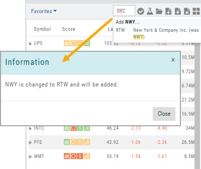Adding NWY from the Watchlist symbol box: the Information dialog explains 'NWY is changed to RTW and will be added'