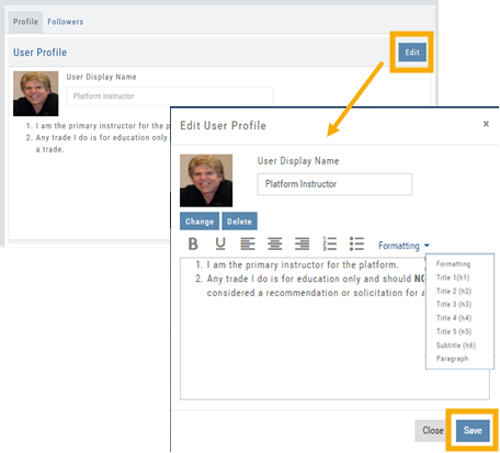 User Profile with Edit highlighted, opening the Edit User Profile window with display name, bio, formatting options, and Save