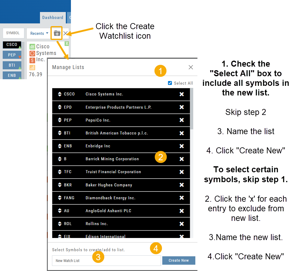Create a Watch List from the Recents list: click the Create Watchlist icon, then in Manage Lists either check Select All (skip step 2), name the list, and click Create New — or skip Select All, click the x on each symbol to exclude, name the list, and click Create New