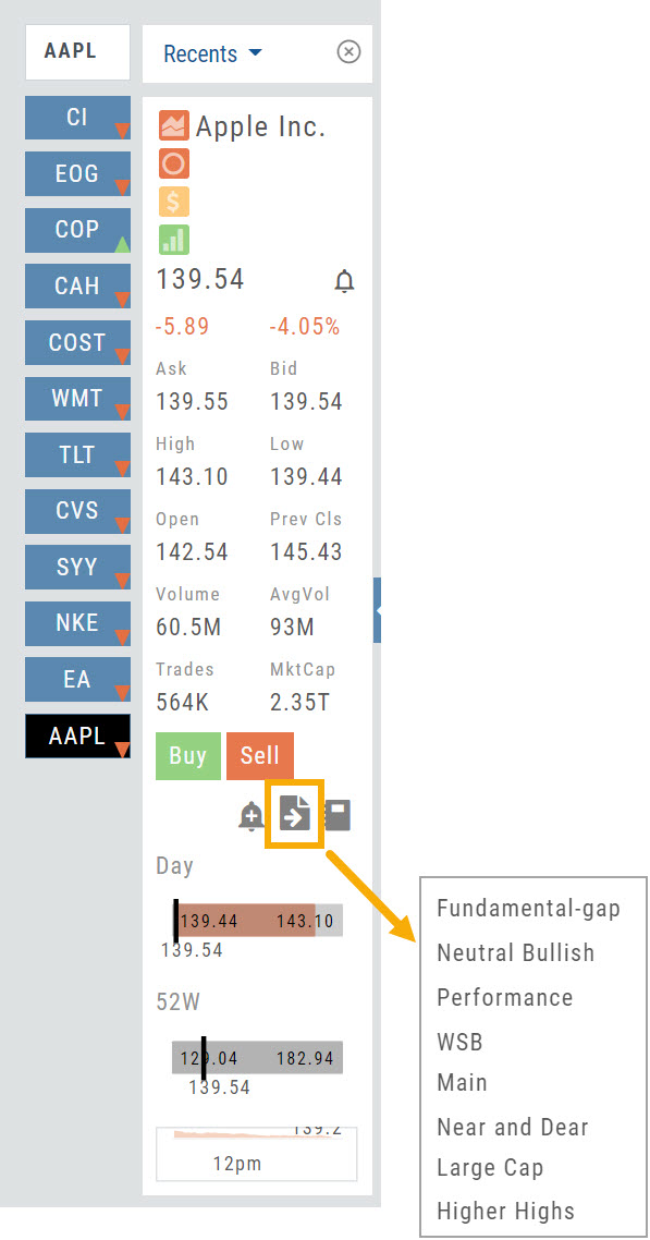 Research tab Recents list with a symbol’s send-to-list icon highlighted, opening the watchlist selection menu