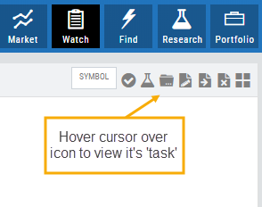 Watch-tab icon toolbar with the note to hover the cursor over an icon to view its task