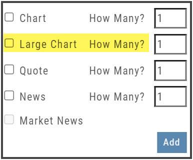 The My Custom Page widget picker with Large Chart highlighted: Chart, Large Chart, Quote, News (each with a How Many? count) and Market News, with the Add button