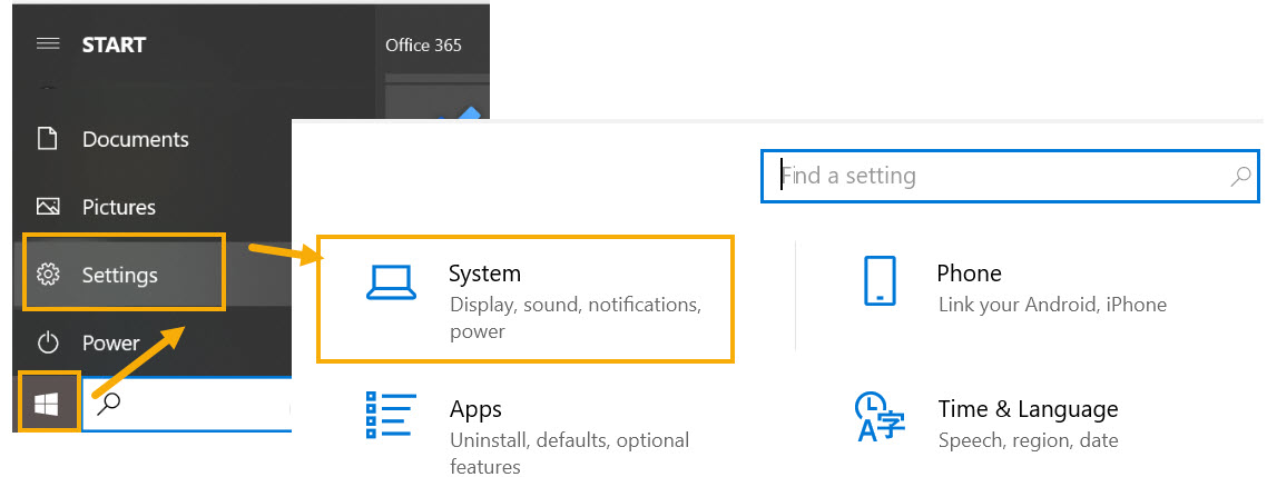 Windows Start menu with Settings highlighted, leading to Settings > System (Display, sound, notifications, power)