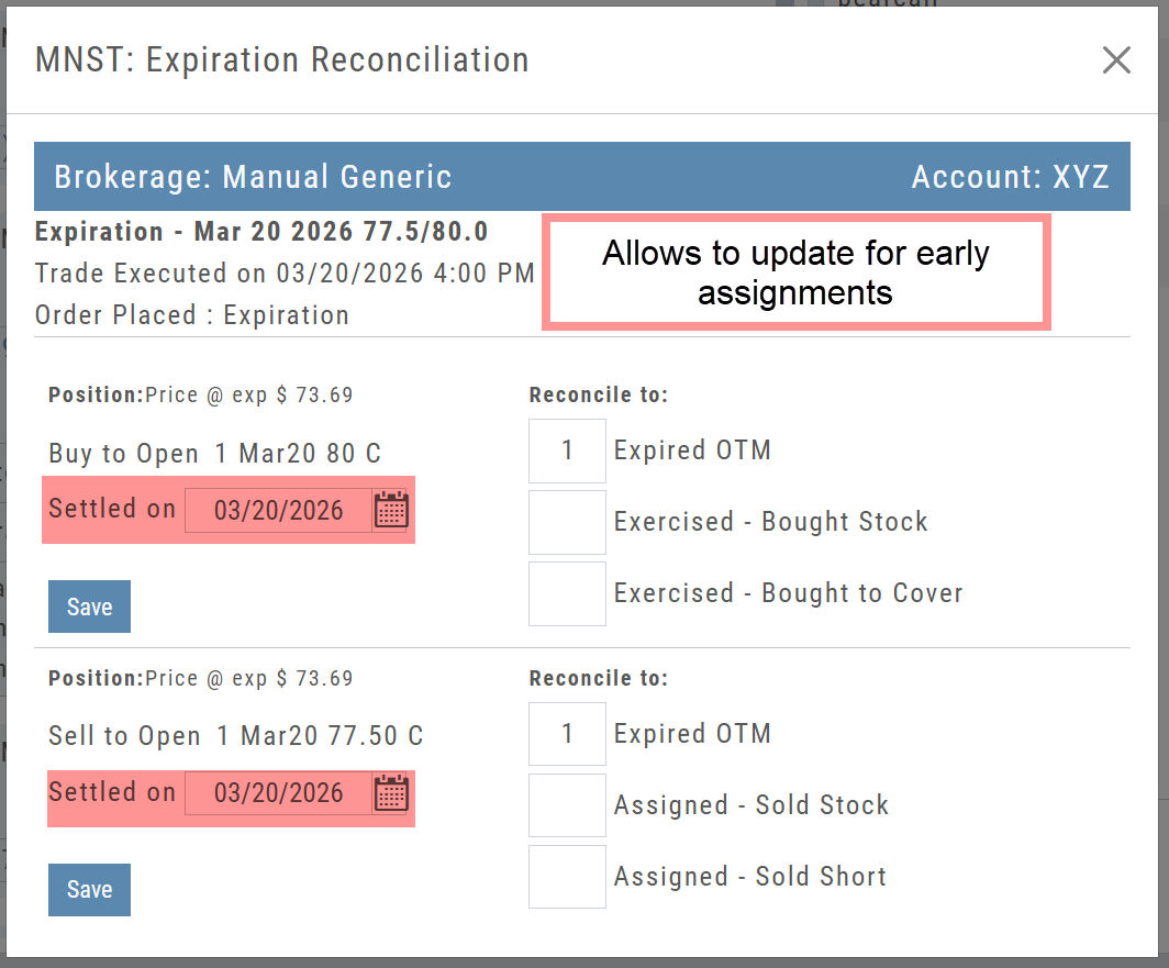 Expiration Reconciliation dialog for a position, with the Settled on date fields highlighted and Reconcile to options listed