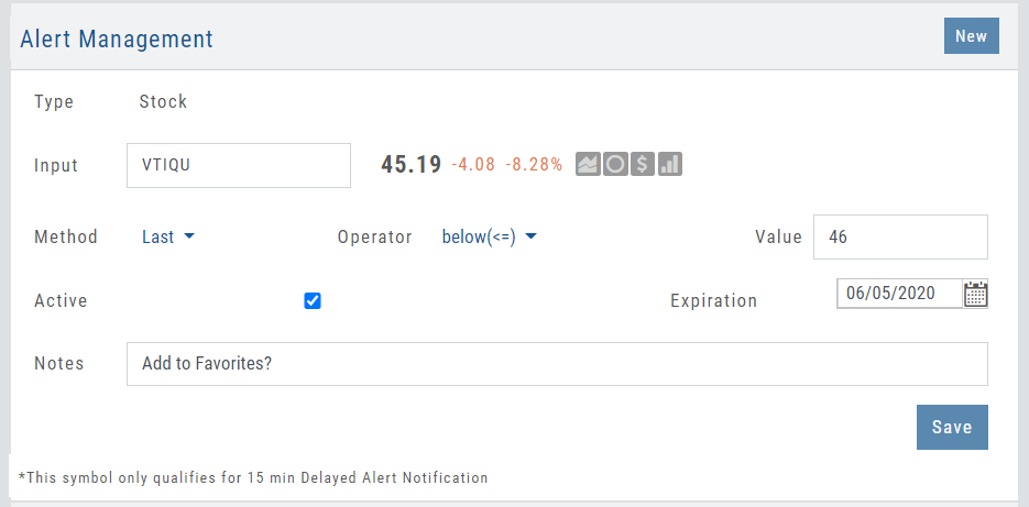 The Alert Management dialog for a symbol that only qualifies for 15 min Delayed Alert Notification (footnote), with Method Last, Operator below(<=), Value, Expiration, and Notes
