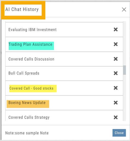 The AI Chat History dialog: saved conversations listed by name with delete icons and a Close button