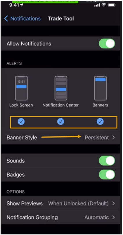 iPhone notification settings for Trade Tool: Allow Notifications on; Lock Screen, Notification Center, and Banners checked