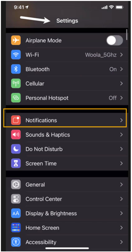 iPhone Settings with the Notifications row highlighted