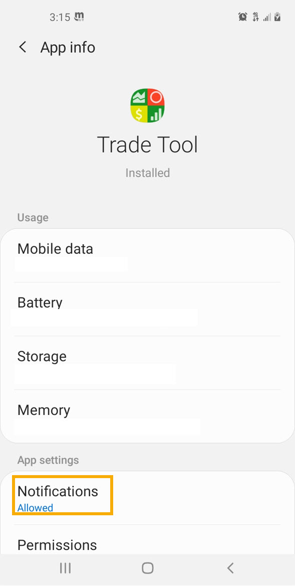 Android App info for Trade Tool with Notifications set to Allowed