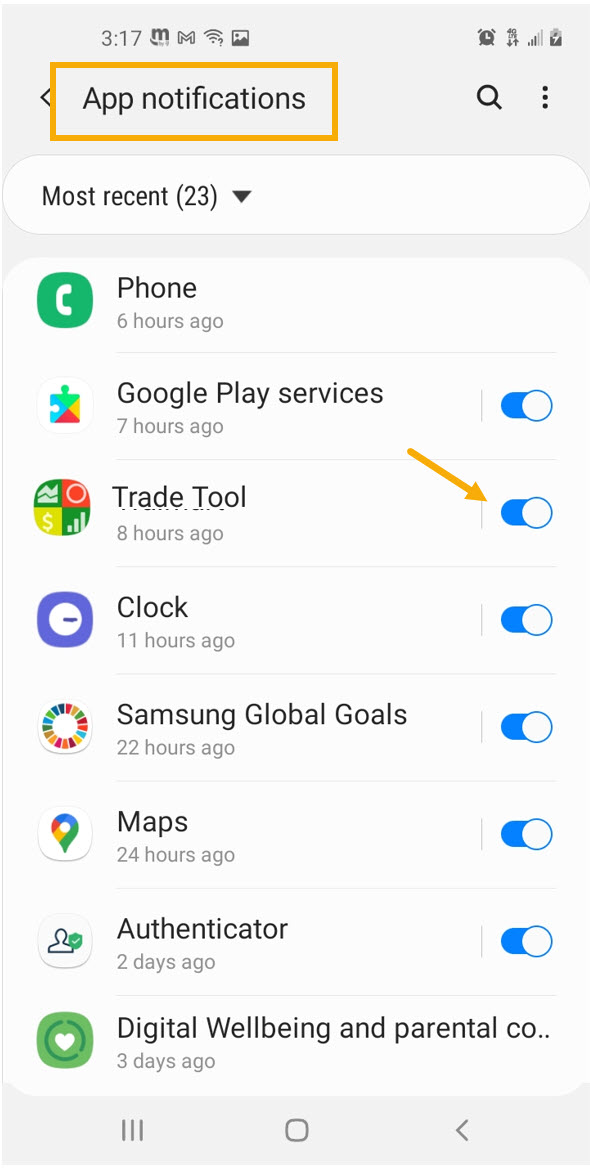 Android App notifications list with the Trade Tool toggle switched on